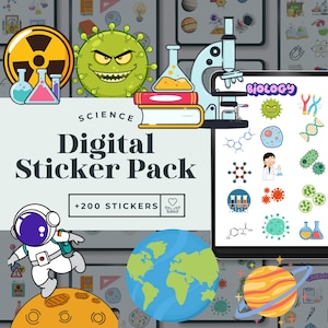 May include: A digital sticker pack with over 200 science themed stickers. The stickers feature images of a microscope, a book, a globe, a rocket, a virus, a DNA strand, a test tube, a beaker, a molecule, a scientist, and more. The text "SCIENCE Digital Sticker Pack +200 STICKERS" is displayed on a light blue background.