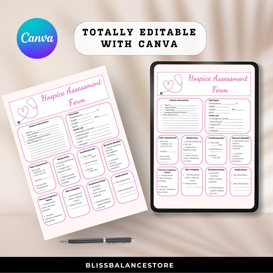 Hospice Nurse Assessment Form: Pink Nursing Guide (editable, Printable ...