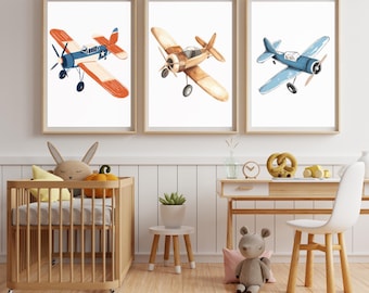 Vintage Airplane Nursery Wall Art, Transportation Gallery Decor, Printable Kids Room Prints, Digital Download