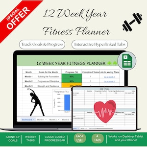 May include: A digital 12 Week Year Fitness Planner displayed on a laptop and tablet. The planner includes interactive tabs, progress tracking, and a color-coded progress bar. The image also features a dumbbell graphic and the text "SPECIAL OFFER."