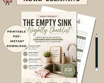 ADHD Cleaning Checklist Printable, Easy Night Kitchen Reset, Empty Sink Routine PDF