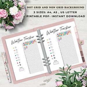 May include: A printable weather tracker with a dot grid background. The tracker has a space for each day of the year and includes icons for different weather conditions, such as sunny, cloudy, rainy, snowy, and stormy. The tracker is available in three sizes: A4, A5, and US Letter.
