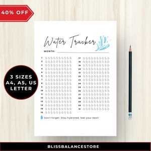 Registro de agua mensual: registro de hidratación imprimible, registro diario, plantilla de planificador, página de Bullet Journal
