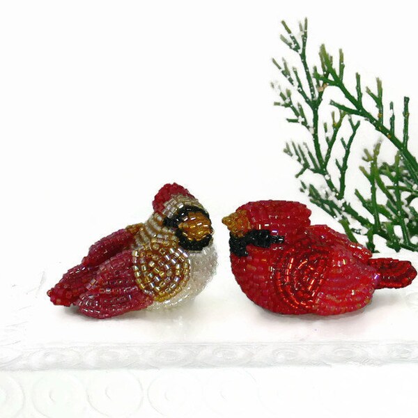 Cardinal Bird Couple Male and Female Bird Figurine Set Valentines Day Beaded Holiday Decoration Stocking Stuffer Animal Totem *READY TO SHIP