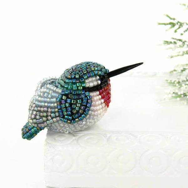 Hummingbird Figurine Miniature Beaded Ruby Throated Bird Holiday Decoration Stocking Stuffer Animal Totem Hostess Gift*READY TO SHIP