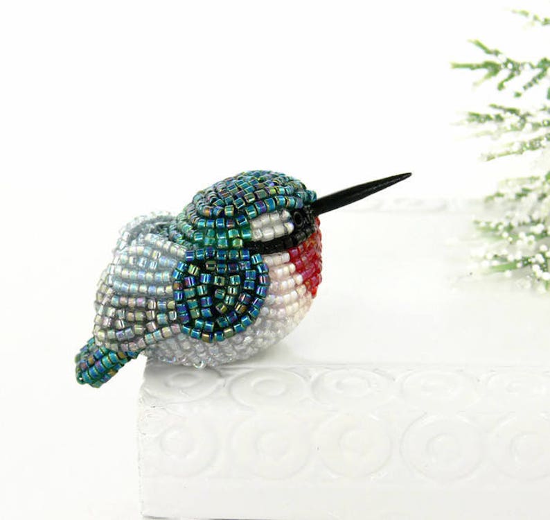 Hummingbird Figurine Miniature Beaded Ruby Throated Bird Holiday Decoration Stocking Stuffer Animal Totem Hostess Gift*READY TO SHIP 