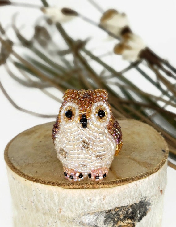 Beaded Owl Figurine, Handmade Ornament, Owl Decor
