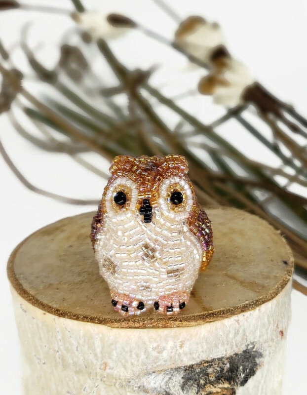 Beaded Owl Figurine Woodland Decor