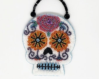 Day Of The Dead Sugar Skull Ornament White Orange Beaded Dia De Los Muertos Wall Hanging Art Sculpture