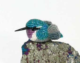 Hummingbird Beaded Miniature Teal Blue Bird Figurine