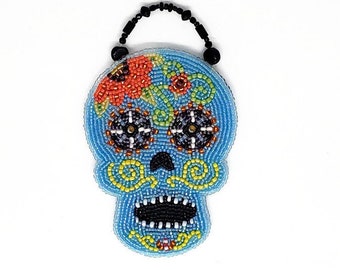 Day Of The Dead Sugar Skull Ornament Blue Beaded Dia De Los Muertos Wall Hanging Art Sculpture