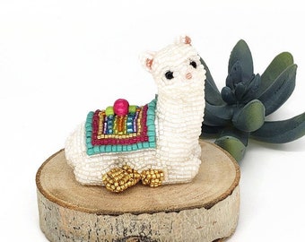 Llama Figurine Miniature Beaded Seated Llama With Multi Color Blanket Stocking Stuffer *READY TO SHIP