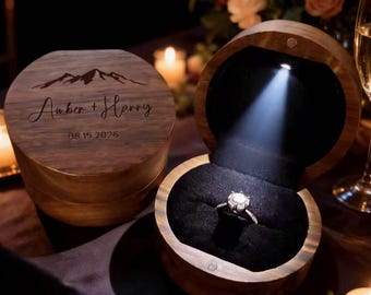 Caja rústica personalizada para anillo de compromiso con luz, caja para anillo con grabado personalizado para propuesta de matrimonio.
