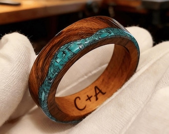 Desert Ironwood Ring with Turquoise Resin Inlay – Unisex Wooden Band, TimberAndForge Original