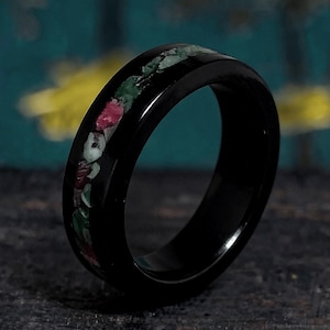 Handcrafted Ebony Wood Ring with Natural Ruby & Emerald Inlay – 5mm Wide – Unique Statement Jewelry