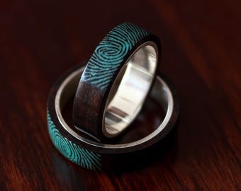 Anillo de madera personalizado con huella dactilar – Ébano o ébano con banda interior de plata – Regalo de boda, pedida de mano o aniversario