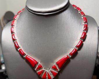 Vintage Taxco Mexico Designer MONTERO 950 Sterling Silver Red Jasper Necklace
