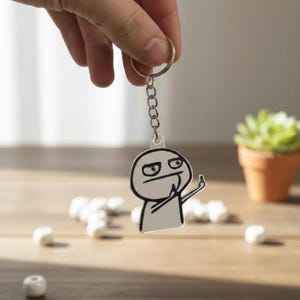 Peut inclure: Un porte-clés fantaisie avec un personnage de dessin animé noir et blanc faisant un geste obscène. Le porte-clés est attaché à une chaîne et un anneau argentés. Un petit pot de plante et des objets blancs sont en arrière-plan.