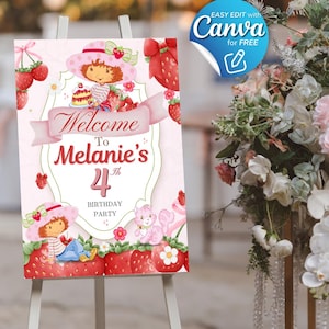 Strawberry shortcake girl Template Birthday welcome sign editable in canva, strawberry decoration supplies, welcome poster berry theme