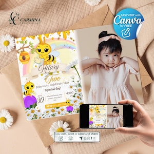 Little bee birthday invitation with photo template editable in canva, little bee plim plim party, Invitación abejita chiquitita plim plim