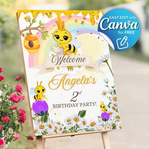 Little bee birthday welcome sign editable in canva, little bee plim plim party, cartel abejita chiquitita plim plim, party  welcome poster