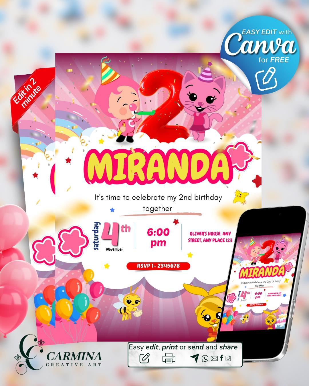 Plim Plim Girl Birthday Invitation Template Pink Party (editable Canva