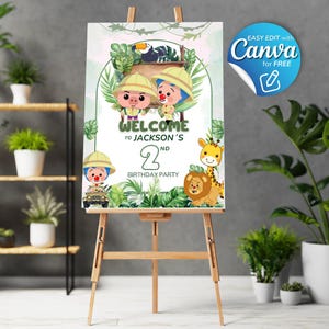 Plim Plim Safary birthday template welcome sign editable in canva, plim plim safary wild party, wild jungle theme, welcome poster