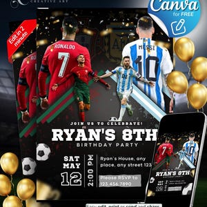 Soccer template birthday invitation CR7 and Messi editable in canva, soccer party, football theme birthday, Cristiano Ronaldo, Messi invite