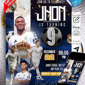 Modèle d'invitation d'anniversaire du Real Madrid modifiable sur toile, thème de fête de football, fête du Real Madrid FC, Mbappé, invitation numérique de football