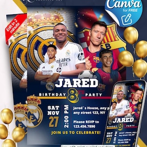 Real Madrid & Barcelona FC birthday invitation template Editable in canva, Soccer theme party, digital invitation, footbal invitation