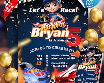 Edytowalne zaproszenie urodzinowe Hot Wheels: motyw imprezy wyścigowej (szablon Canva)