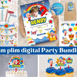 Kit de fête d&#39;anniversaire plim plim imprimable modifiable sur toile, pack de fête personnalisé plim plim, fournitures de décoration d&#39;anniversaire, modèle d&#39;invitation