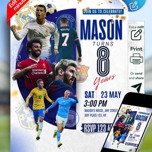 Digital Soccer Birthday Invitation editable in canva | Champions Theme: Barça, PSG, Real Madrid, Brazil, Arsenal, manchester City