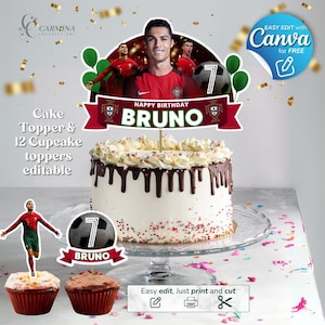 Cristiano Ronaldo Cake Topper & Cupcake Toppers – Editable in canva Soccer Birthday Decor – CR7 Printable Party Set, cr7 party supplies