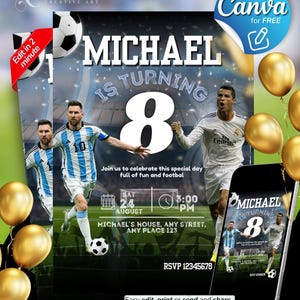 Template Soccer birthday invitation editable in canva, Boy birthday party football theme, printable invitation messi and cristiano ronaldo