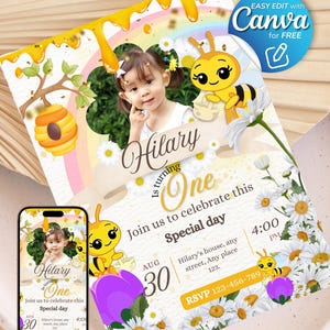 Little bee birthday invitation template editable in canva, little bee plim plim party, Invitación abejita chiquitita plim plim, girl party