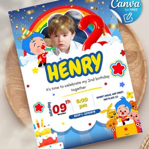 invitación de cumpleaños plim plim con plantilla de foto editable en canva, invitaciones de cumpleaños imprimibles, invitación digital fiesta plim plim