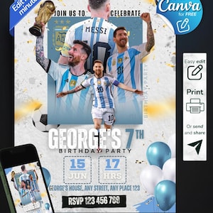 Template Messi Birthday invitation editable in canva, soccer birthday party, messi party invitation, Boy birthday party football theme