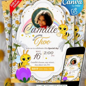 birthday invitation Little bee template editable in canva, little bee plim plim party, bee theme party, girl party, digital invitation