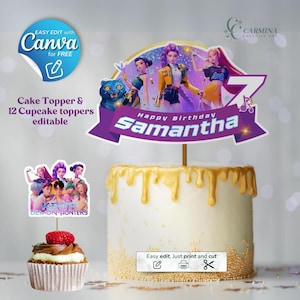 Kpop Demon Hunter Cake Topper & Cupcake Toppers  | Canva Template | Huntrix Birthday Party Decor | kpop demon hunter party theme