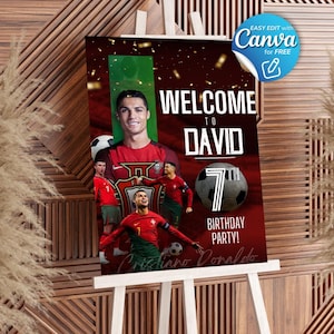 Cristiano Ronaldo Geburtstags-Willkommensschild bearbeitbar in Canva, CR7, Fußball-Geburtstags-Party-Thema, Cristiano Ronaldo-Party, Fußball-Deko-Party