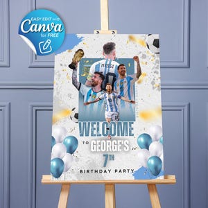 Template Messi Birthday welcome sign editable in canva, soccer birthday party, messi party, Boy birthday party football theme, welcome board