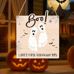 Personalised First Halloween Sign, Cute Bat Trick or Treat Halloween, DIY Custom Baby&#39;s First Halloween Boo Footprints Art Sign Craft