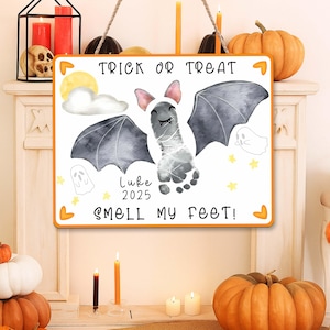 Personalised First Halloween Sign, Cute Bat Trick or Treat Halloween, Baby&#39;s Footprints or Handprints Plaque, Baby Halloween Craft Keepsake