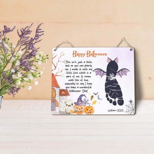 Personalised First Halloween Sign, Cute Bat Trick or Treat Halloween, Baby&#39;s Footprints or Handprints Plaque, Baby&#39;s First Halloween