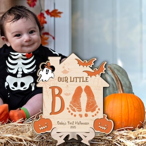 Halloween Footprint or Handprint Art Sign, Trick or Treat, My Little Boo, Baby&#39;s 1st Halloween Art Craft Gifts, Custom Halloween Decor
