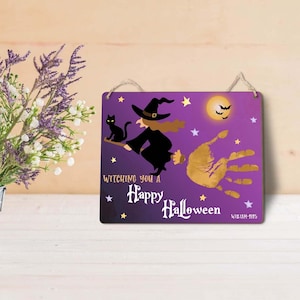 Personalised First Halloween Sign, Cute Bat Trick or Treat Halloween, Baby&#39;s Footprints or Handprints Plaque, Baby Halloween Craft Keepsake