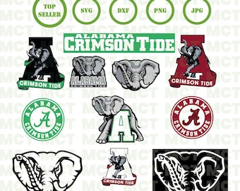 May include: A set of 10 digital cut files featuring the Alabama Crimson Tide logo. The files include a variety of formats, including SVG, DXF, PNG, and JPG. The logos feature a white elephant with a red 'A' on its forehead and the words 'Alabama Crimson Tide' in green and red.