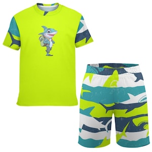 Neon Cool School Shark - Custom Kids&#39; Short Set Outfit Two Piece Shorts & T-shirt Playset