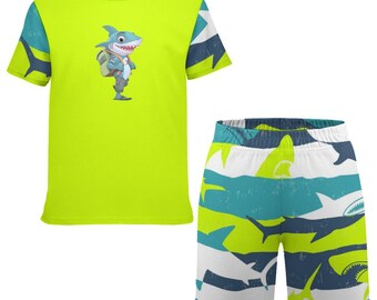 Neon Cool School Shark - Custom Kids' Short Set Outfit Two Piece Shorts & T-shirt Playset